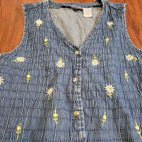 90s Bobbie Brooks Denim Floral Embroidered Vest Lagenlook Cottagecore Size L - Picture 9 of 12
